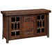 Front view of Fireside Lodge Appalachian Windowpane Sideboard, a rustic wood cabinet with three center drawers, windowpane-style doors, and log-style legs