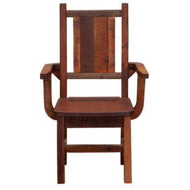 Front view of Fireside Lodge Barnwood Artisan Dining Arm Chair showing a rustic barnwood frame, wide armrests, slatted back, and solid wood seat