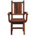 Front view of Fireside Lodge Barnwood Artisan Dining Arm Chair showing a rustic barnwood frame, wide armrests, slatted back, and solid wood seat