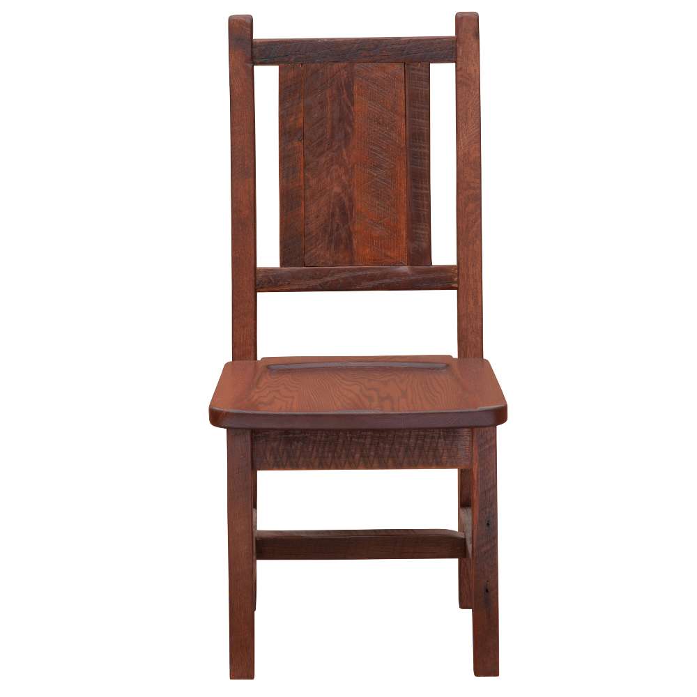 Front view of Fireside Lodge Barnwood Artisan Dining Side Chair displaying the tall plank backrest and sculpted barnwood seat