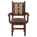 Front view of Fireside Lodge Barnwood Colonial Arm Chair with sturdy wooden arms, a cushioned brown seat, and a decorative woven back panel