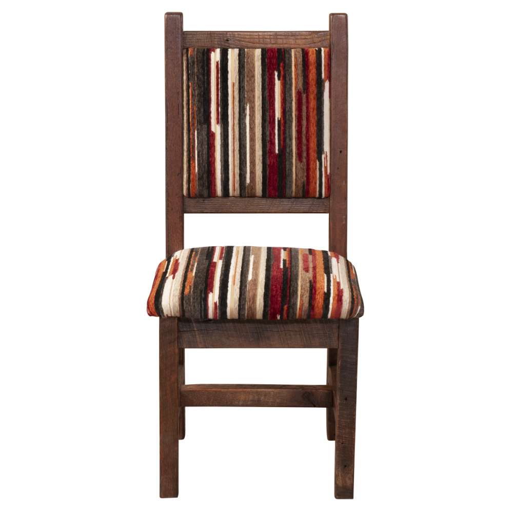 Front view of Fireside Lodge Barnwood Colonial Side Chair showing a sturdy barnwood frame with a cushioned striped seat and backrest