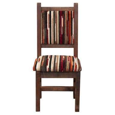 Front view of Fireside Lodge Barnwood Colonial Side Chair showing a sturdy barnwood frame with a cushioned striped seat and backrest
