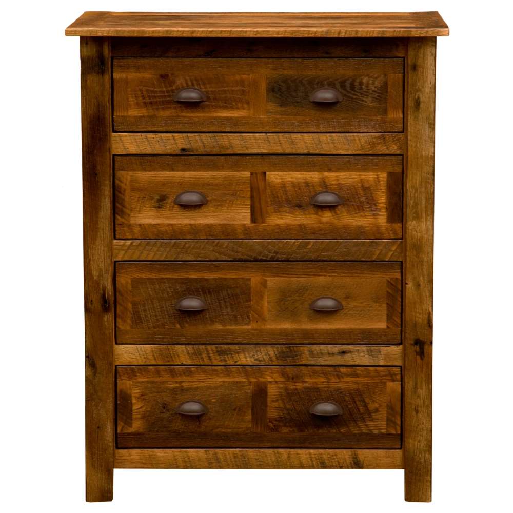 Front view of Fireside Lodge Barnwood Four Drawer Chest displays its symmetrical drawer layout and warm reclaimed wood finish