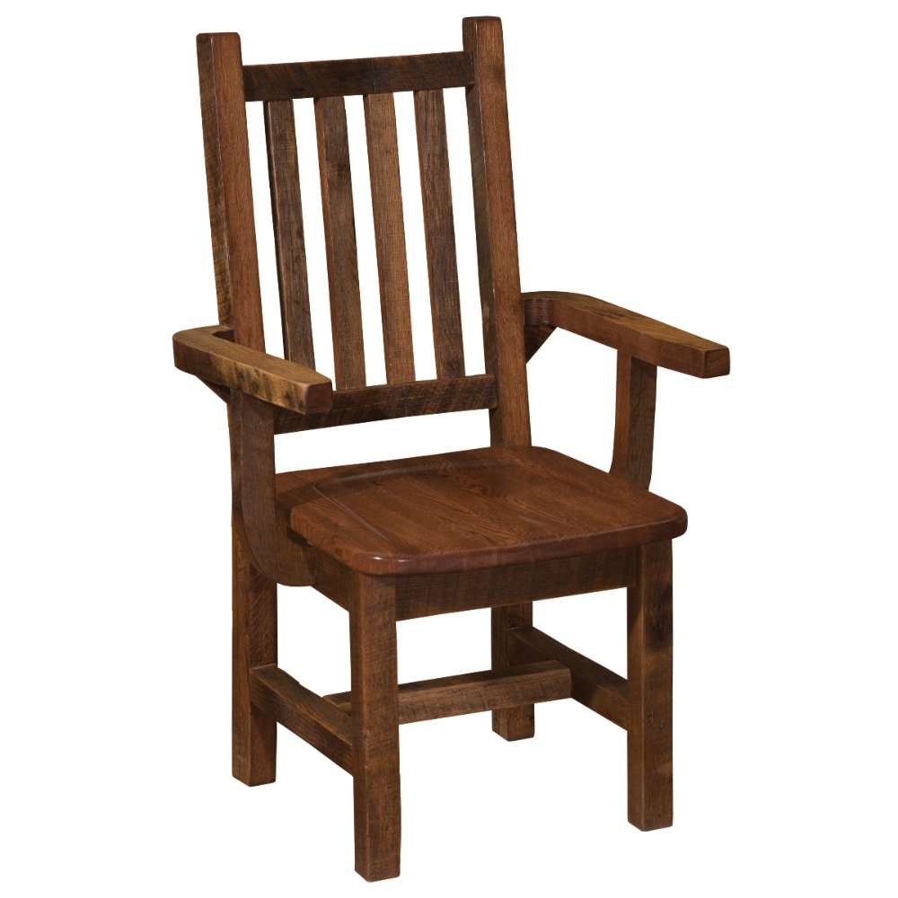 Front view of Fireside Lodge Barnwood Prairie Dining Arm Chair, a rustic barnwood dining chair with a slatted back, wide armrests, and a solid wooden seat