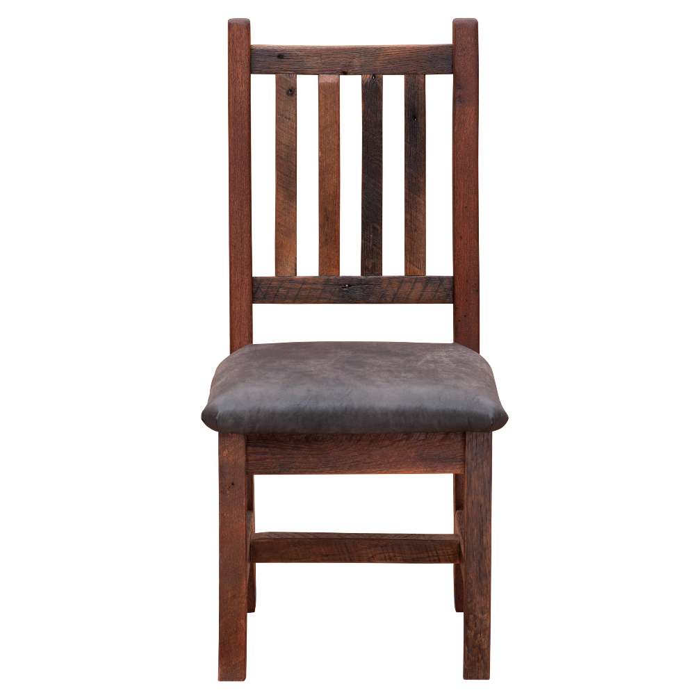 Front view of Fireside Lodge Barnwood Prairie Dining Side Chair showing the sturdy barnwood frame, five back slats, and padded seat