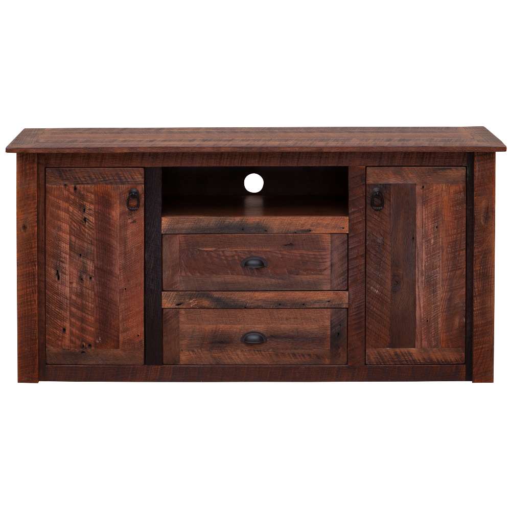 Front view of Fireside Lodge Barnwood Widescreen Television Stand shows two cabinet doors, two center drawers, and an open shelf made from rugged, reclaimed wood