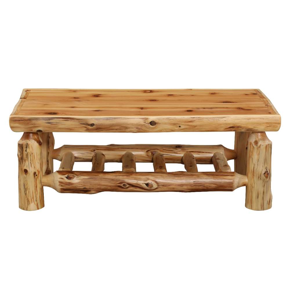 Front view of Fireside Lodge Cedar Log Rectangle Coffee Table - 40" x 20" featuring thick log legs and a slatted lower shelf