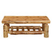 Front view of Fireside Lodge Cedar Log Rectangle Coffee Table - 40" x 20" featuring thick log legs and a slatted lower shelf