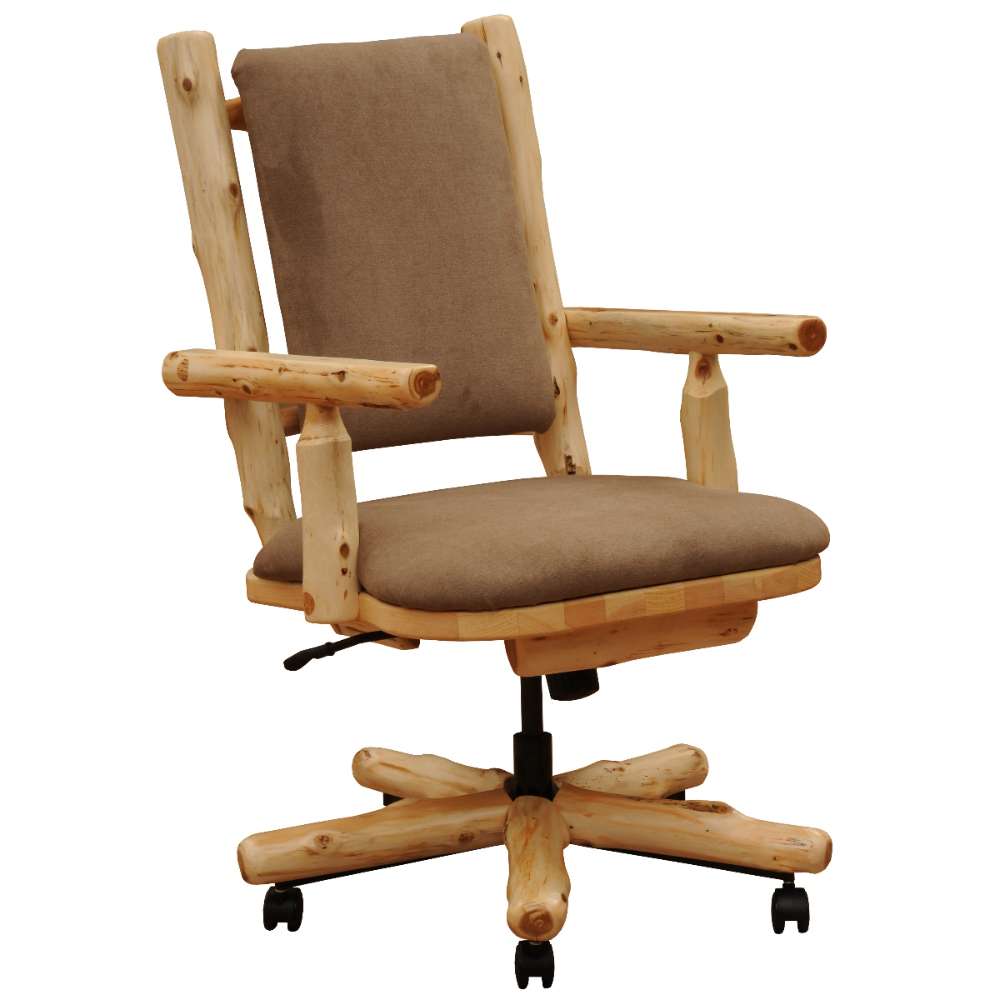 Front view of Fireside Lodge Cedar Log Upholstered Executive Chair displays its rustic cedar log arms, plush brown cushions, and smooth-rolling office chair base