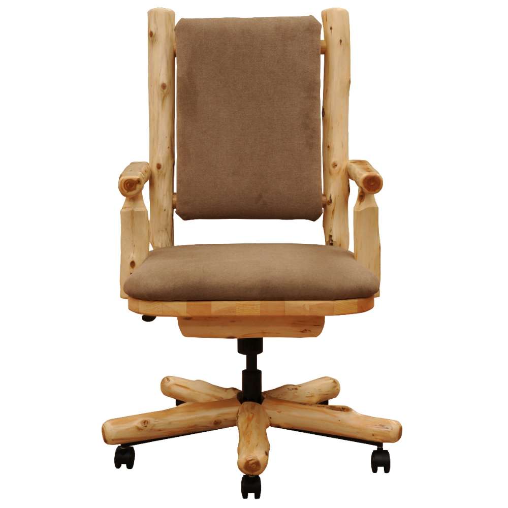 Front view of Fireside Lodge Cedar Log Upholstered Executive Chair emphasizes the wide cushioned seat, rectangular padded back, and solid cedar log construction