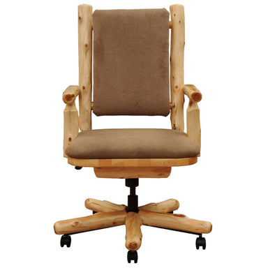Front view of Fireside Lodge Cedar Log Upholstered Executive Chair emphasizes the wide cushioned seat, rectangular padded back, and solid cedar log construction