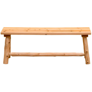 Front view of Fireside Lodge Voyageur 48-Inch Bench - Wood Seat, a rustic solid wood bench with a smooth plank seat, log-style legs, and a sturdy lower support beam