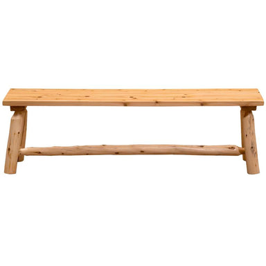Front view of Fireside Lodge Voyageur 5-Foot Bench - Wood Seat, a rustic log-style wooden bench with a smooth plank seat and sturdy natural wood legs