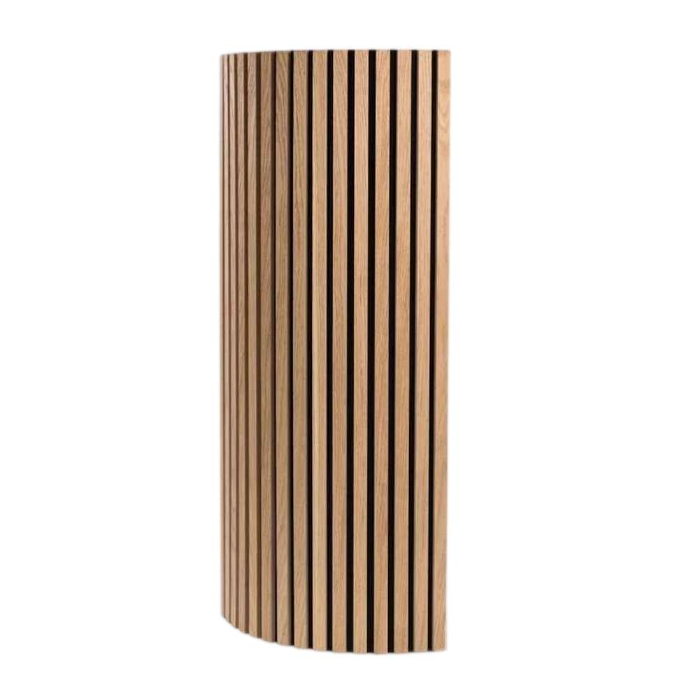 Front view of GIK Acoustics SlatFusor™ Polycylindrical Diffuser featuring evenly spaced vertical wood slats on a gently curved panel