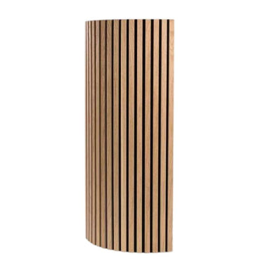 Front view of GIK Acoustics SlatFusor™ Polycylindrical Diffuser featuring evenly spaced vertical wood slats on a gently curved panel