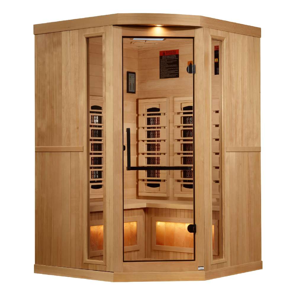Front view of Golden Designs 2025 Reserve Edition 3 Person Full Spectrum Sauna with Himalayan Salt Bar showing a corner design, glass door with a black handle and a glowing salt bar