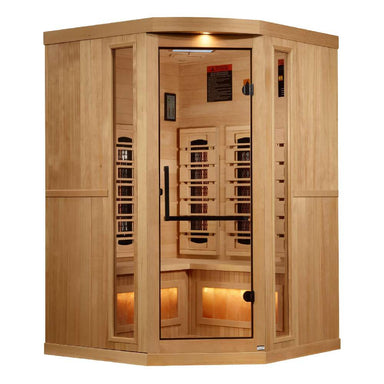 Front view of Golden Designs 2025 Reserve Edition 3 Person Full Spectrum Sauna with Himalayan Salt Bar showing a corner design, glass door with a black handle and a glowing salt bar