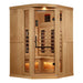 Front view of Golden Designs 2025 Reserve Edition 3 Person Full Spectrum Sauna with Himalayan Salt Bar showing a corner design, glass door with a black handle and a glowing salt bar