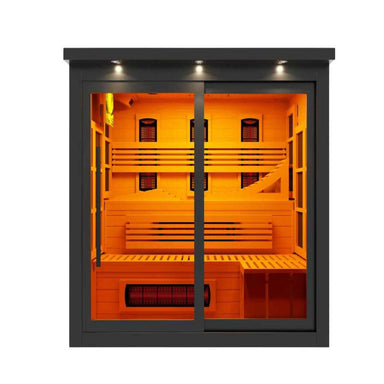 Front view of Golden Designs 6 Person Full Spectrum Near Zero EMF Far IR Sauna Black Edition showing a black frame, sliding bronze glass doors and a warm amber glow inside