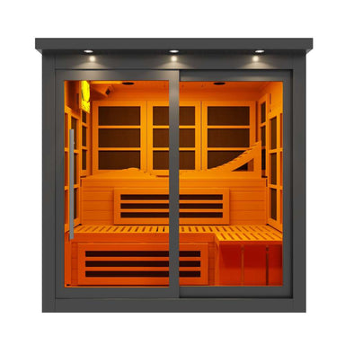 Front view of Golden Designs 6 Person Near Zero EMF Far IR Sauna Black Edition showing a black frame, sliding bronze glass doors and amber lit benches