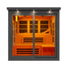 Front view of Golden Designs 6 Person Near Zero EMF Far IR Sauna Black Edition showing a black frame, sliding bronze glass doors and amber lit benches