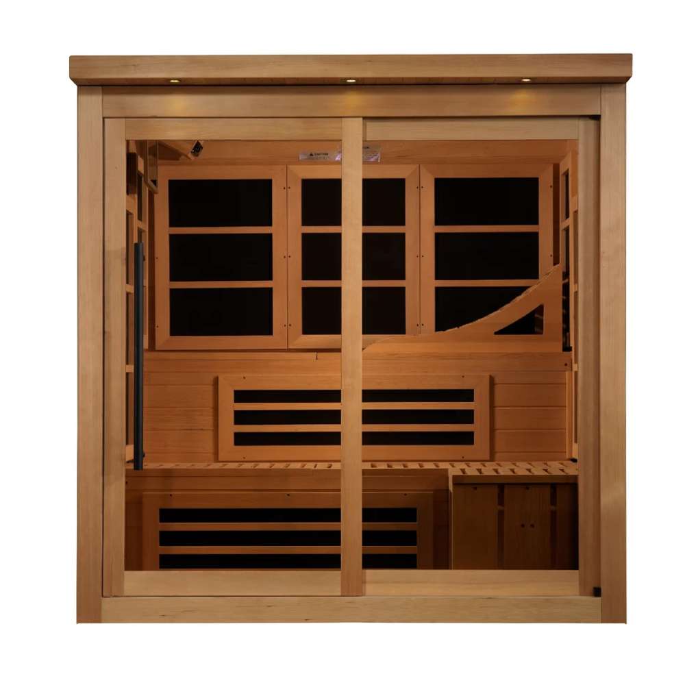 Front view of Golden Designs 6 Person Near Zero EMF Far IR Sauna Elite showing a glass front, carbon panels and two-level cedar benches