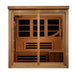 Front view of Golden Designs 6 Person Near Zero EMF Far IR Sauna Elite showing a glass front, carbon panels and two-level cedar benches