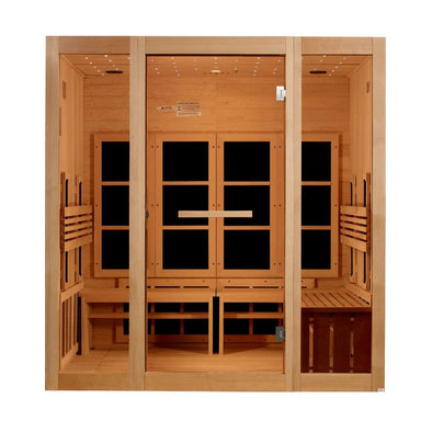 Front view of Golden Designs 8 Person Full Spectrum Near Zero EMF Far IR Sauna showing light hemlock walls, a wide glass front, dark heating panels and low benches