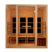 Front view of Golden Designs 8 Person Full Spectrum Near Zero EMF Far IR Sauna showing light hemlock walls, a wide glass front, dark heating panels and low benches