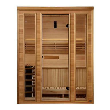 Front view of Golden Designs Andermatt 3 Person Traditional Sauna showing cedar walls, a glass door with a long handle and a guarded stove inside