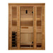 Front view of Golden Designs Andermatt 3 Person Traditional Sauna showing cedar walls, a glass door with a long handle and a guarded stove inside
