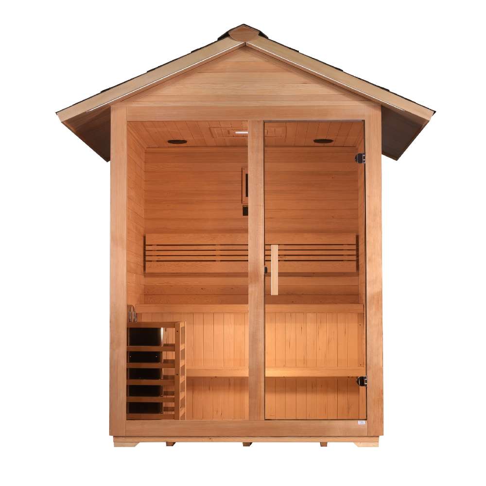 Front view of Golden Designs Arlberg 3 Person Traditional Outdoor Sauna showing a gable roof, glass doors with long handles and slatted benches inside
