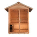 Front view of Golden Designs Arlberg 3 Person Traditional Outdoor Sauna showing a gable roof, glass doors with long handles and slatted benches inside