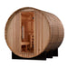 Front view of Golden Designs Arosa 4 Person Barrel Traditional Sauna showing a bronze glass door with long handles and cedar benches inside