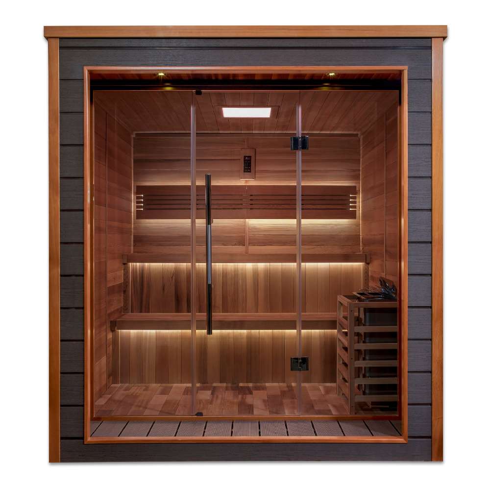 Front view of Golden Designs Bergen 6 Person Outdoor-Indoor Traditional Sauna showing a dark exterior, glass front, lit cedar benches and a guarded stove
