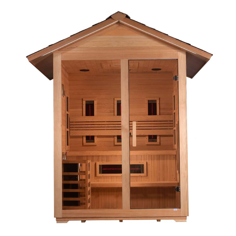 Front view of Golden Designs Carinthia 3 Person Hybrid Outdoor Sauna showing a shingled gable roof, glass doors, carbon panels and near infrared heaters
