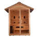 Front view of Golden Designs Carinthia 3 Person Hybrid Outdoor Sauna showing a shingled gable roof, glass doors, carbon panels and near infrared heaters