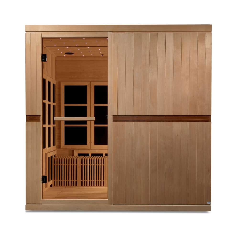 Front view of Golden Designs Catalonia 8 Person Near Zero EMF Far IR Sauna showing light hemlock walls, a glass door and a dark accent stripe