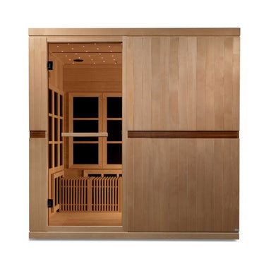 Front view of Golden Designs Catalonia 8 Person Near Zero EMF Far IR Sauna showing light hemlock walls, a glass door and a dark accent stripe