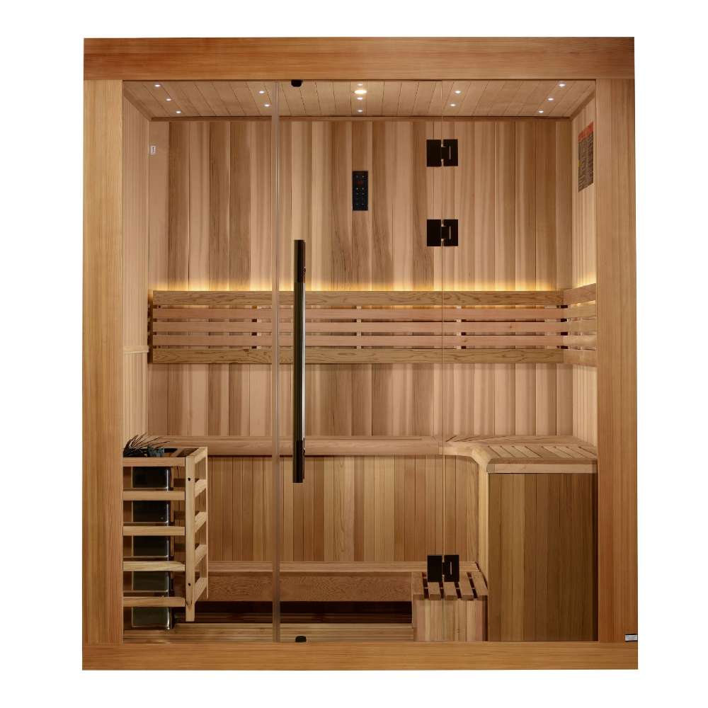 Front view of Golden Designs Copenhagen 3 Person Traditional Sauna showing a full glass front with a tall black handle, a guarded stove on the left and star lights in the ceiling