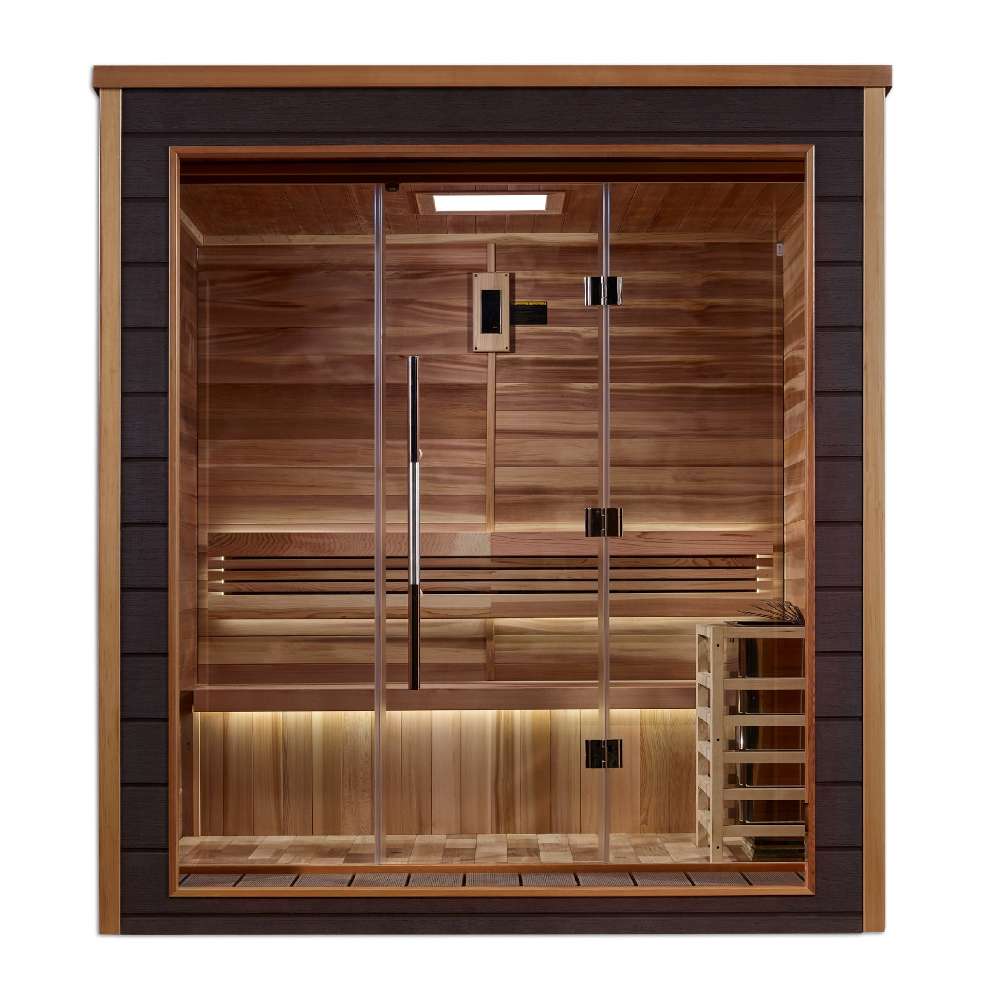 Front view of Golden Designs Drammen 3 Person Outdoor-Indoor Traditional Sauna showing a dark gray exterior with cedar trim, glass double doors and a lit bench inside