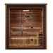 Front view of Golden Designs Drammen 3 Person Outdoor-Indoor Traditional Sauna showing a dark gray exterior with cedar trim, glass double doors and a lit bench inside