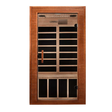Front view of Golden Designs Dynamic Avila 1-2 Person Low EMF Far Infrared Sauna showing a cedar cabin, tinted glass door and rows of carbon panels