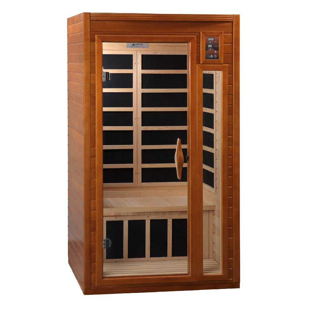 Front view of Golden Designs Dynamic Barcelona Elite 1-2 Person Ultra Low EMF Far Infrared Sauna showing a compact cedar cabin, clear glass door and glass side window