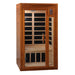 Front view of Golden Designs Dynamic Barcelona Elite 1-2 Person Ultra Low EMF Far Infrared Sauna showing a compact cedar cabin, clear glass door and glass side window