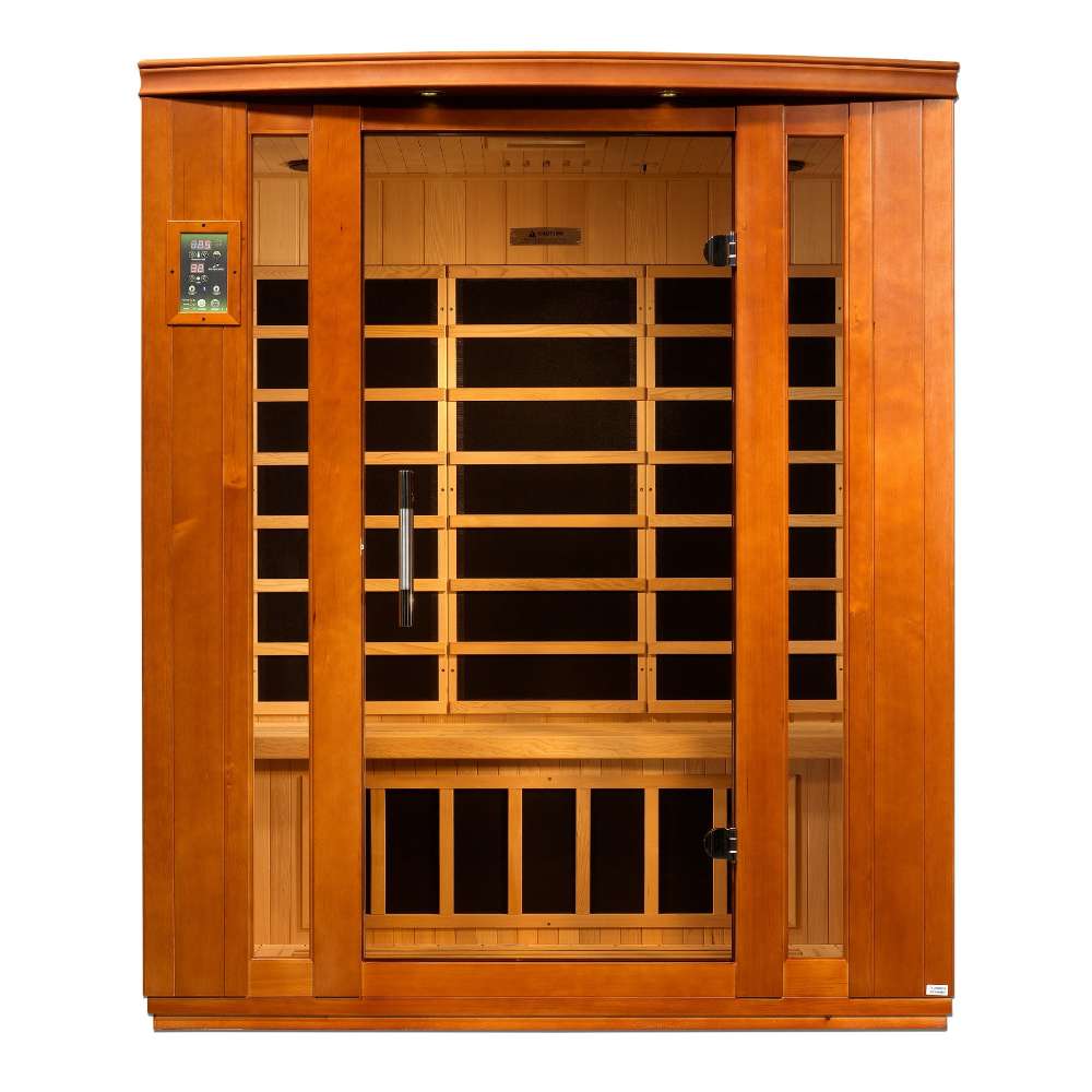 Front view of Golden Designs Dynamic Bellagio 3 Person Low EMF Far Infrared Sauna showing a cedar cabin, bronze glass door and exterior control panel