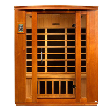 Front view of Golden Designs Dynamic Bellagio 3 Person Low EMF Far Infrared Sauna showing a cedar cabin, bronze glass door and exterior control panel