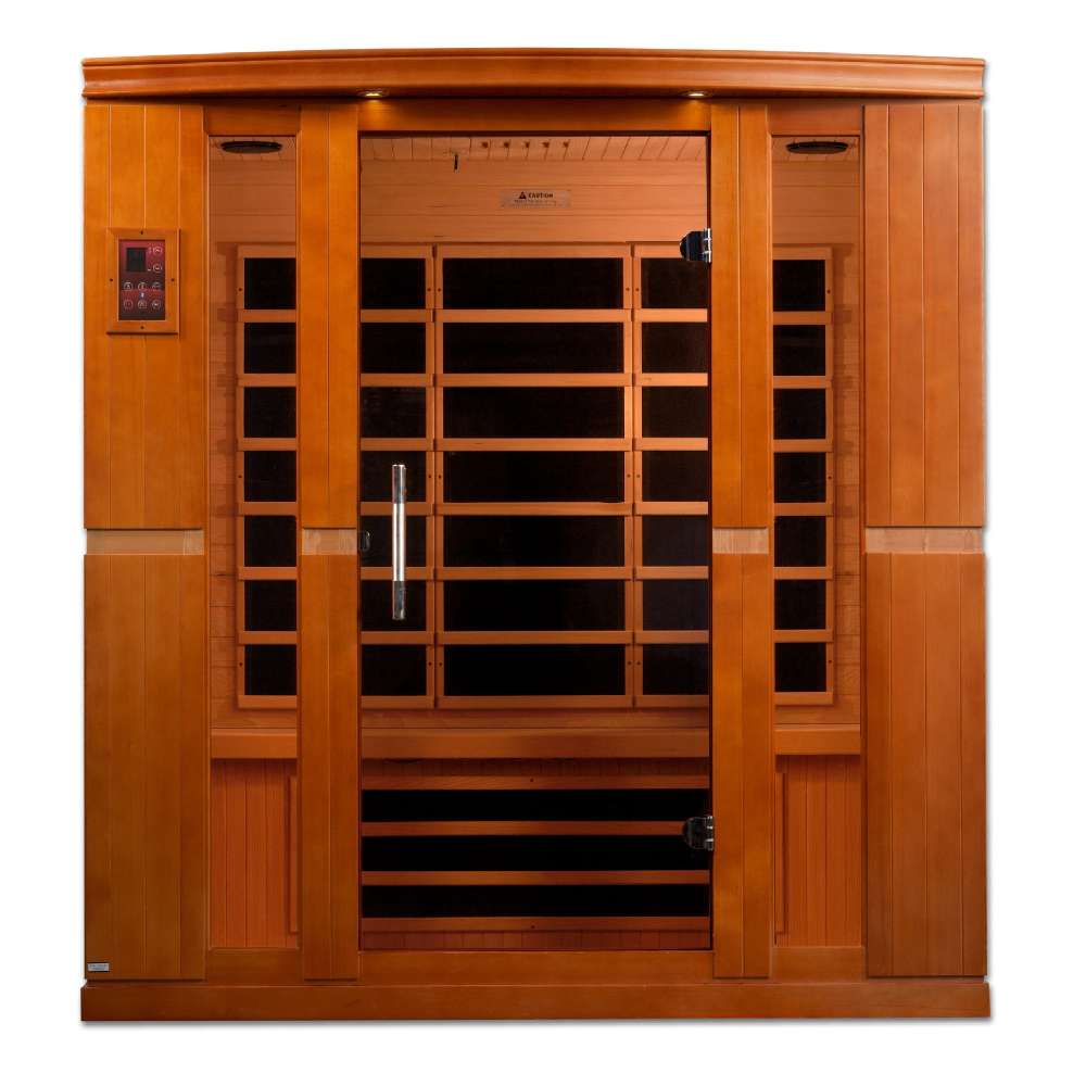 Front view of Golden Designs Dynamic Bergamo 4 Person Low EMF Far Infrared Sauna showing a wide cedar cabin, bronze glass door and rows of carbon panels