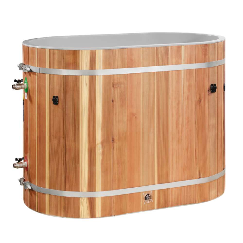 Front view of Golden Designs Dynamic Cold Therapy Oval Barrel Pacific Cedar Cold Plunge showing vertical cedar staves, two steel bands, a gray interior rim and valves on the left side